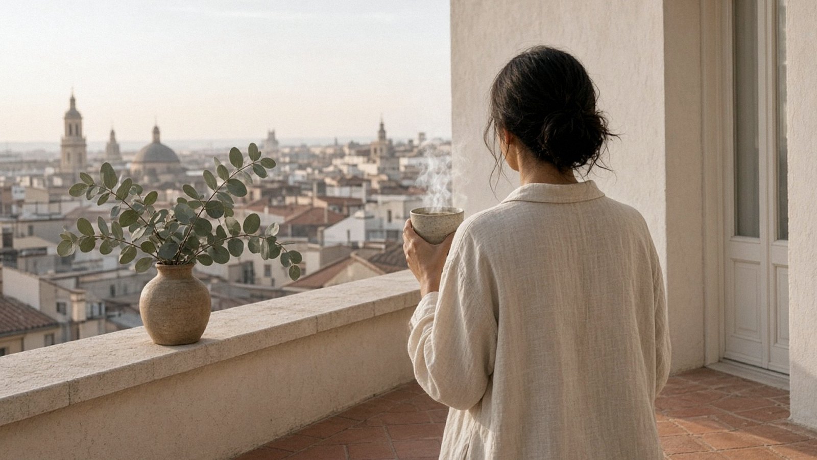 Terrazzo al sole del mattino, con una tazza di tisana fumante