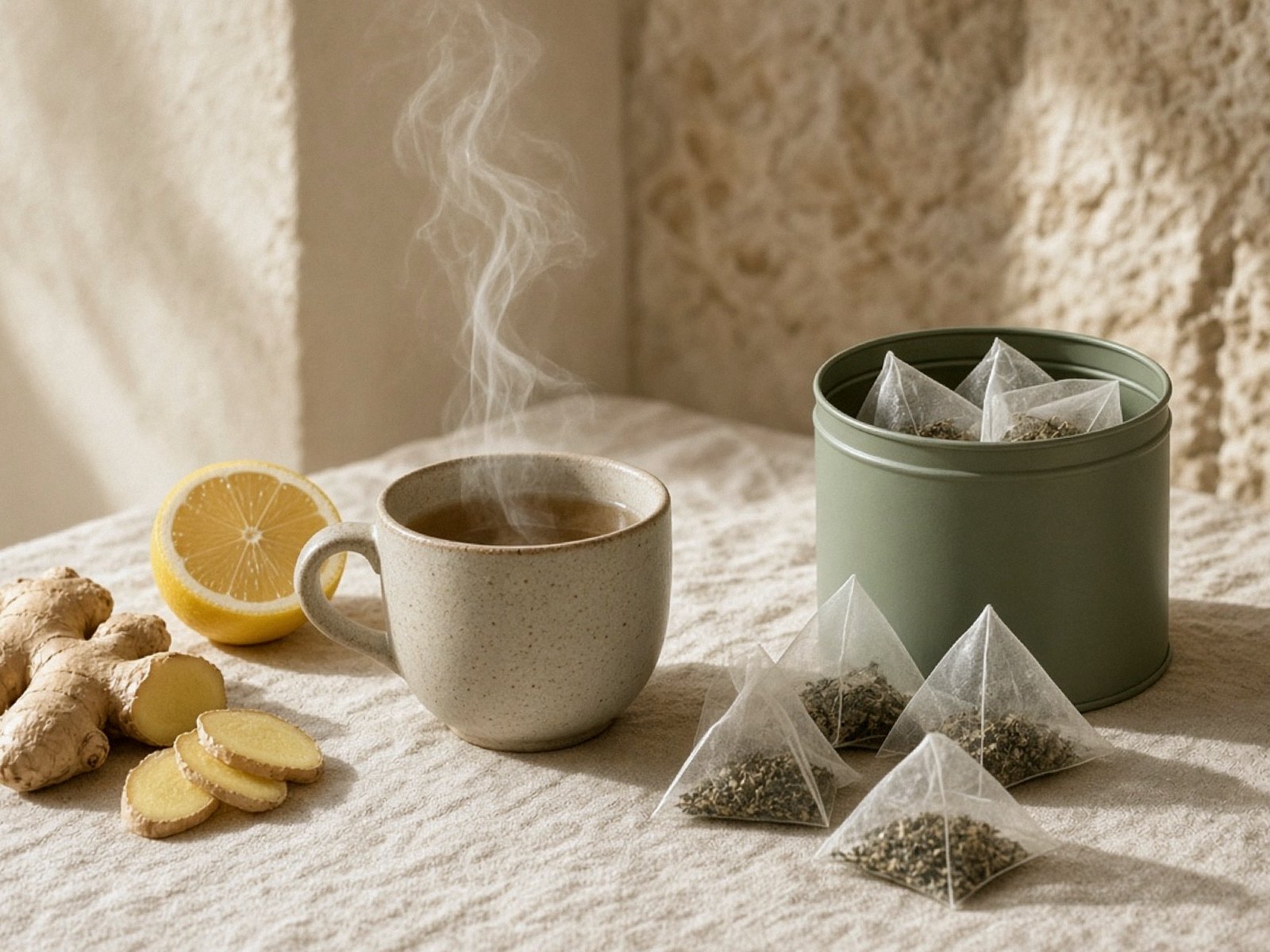 Tisana al limone e zenzero accanto a una tazza fumante