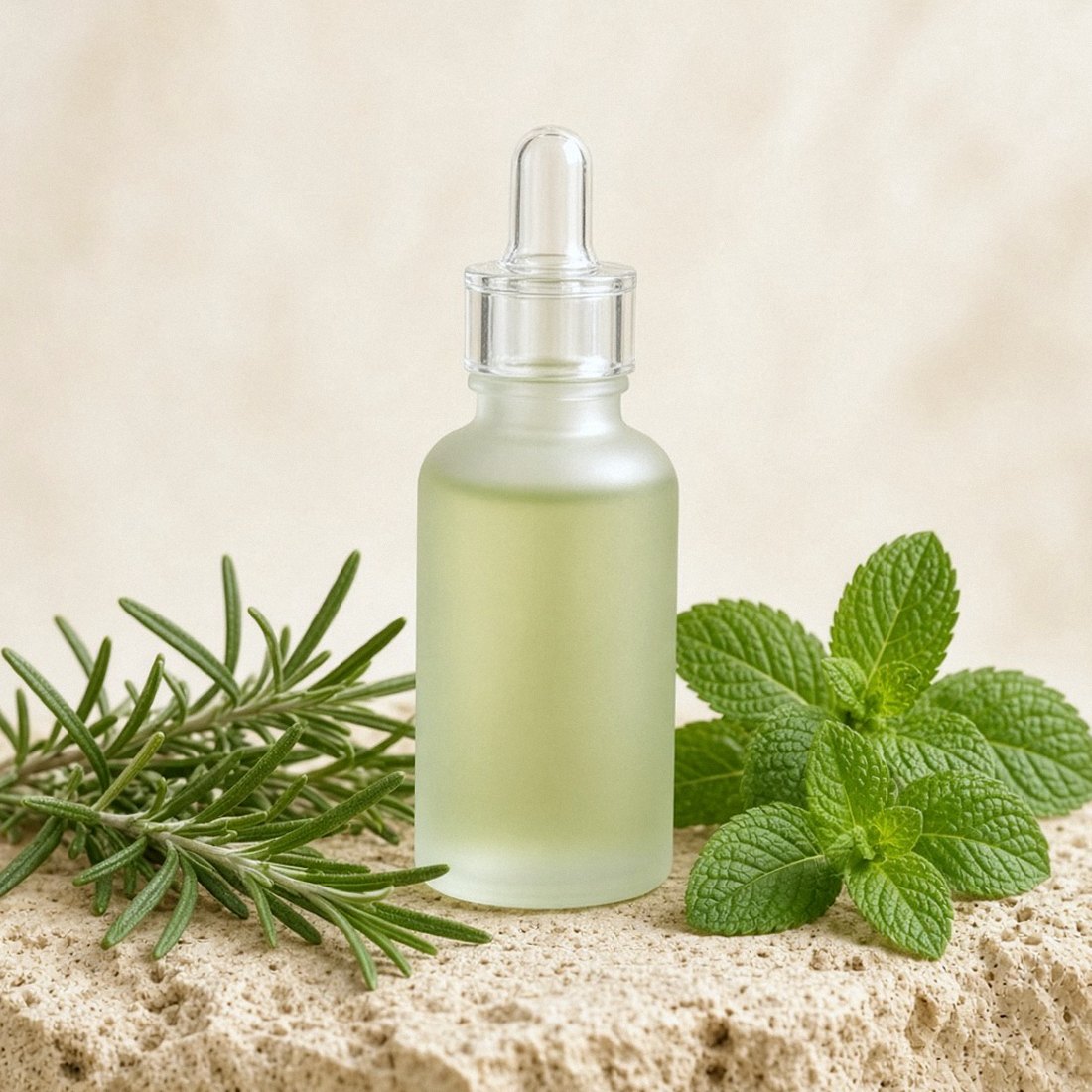 Flacone contagocce di soluzione alla menta e rosmarino