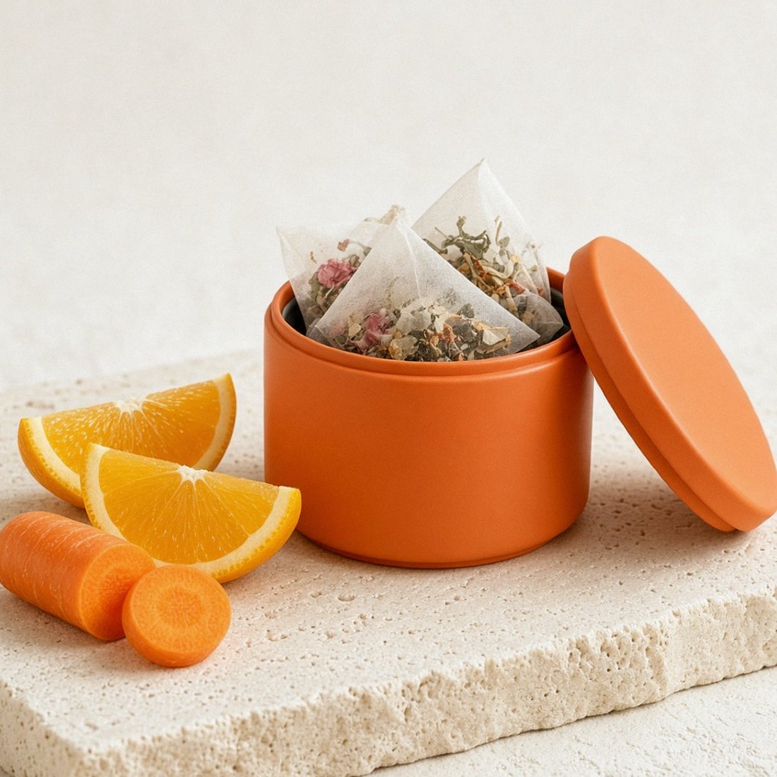 Latta aperta di tisana con carota e arancia