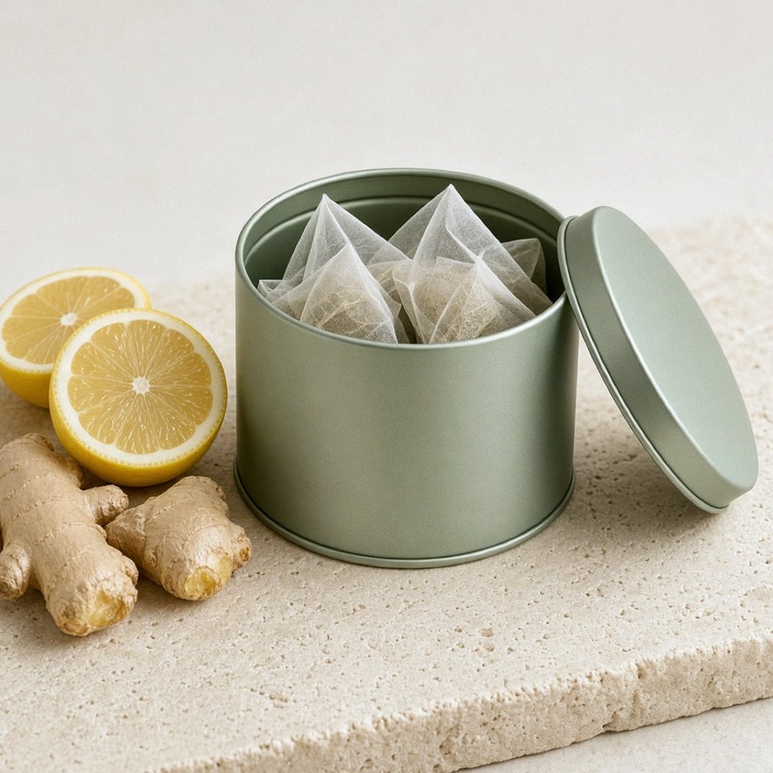 Latta aperta di tisana con limone e radice di zenzero